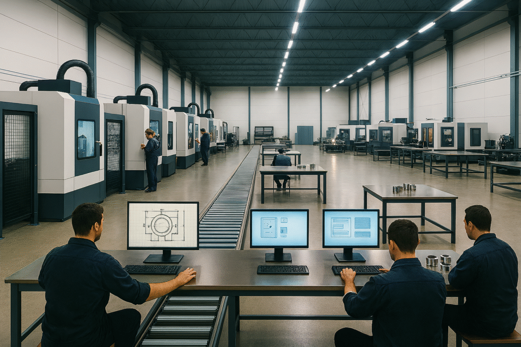 Wide-angle view of a modern manufacturing facility with CNC machines, bright white lighting, multiple CAD workstations, and a clean, organized layout emphasizing advanced production.
