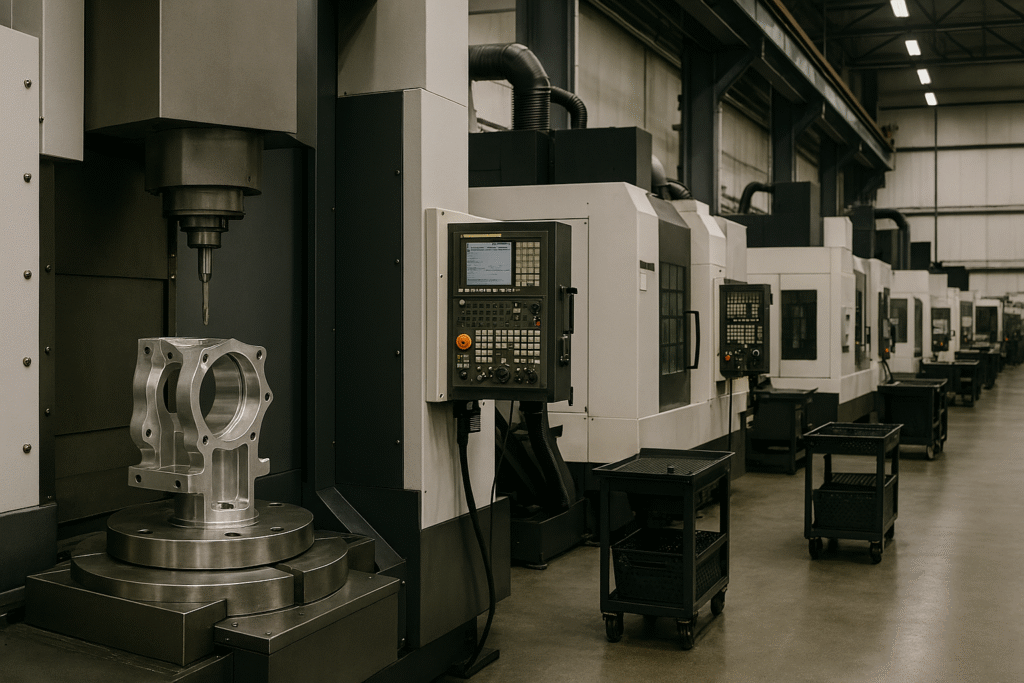 Modern CNC machining factory with multiple milling machines and precision metal components on a clean, organized shop floor.