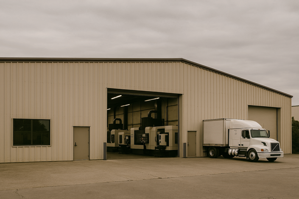 Exterior view of a CNC machining factory with open bay doors showing advanced machines inside and a delivery truck outside.