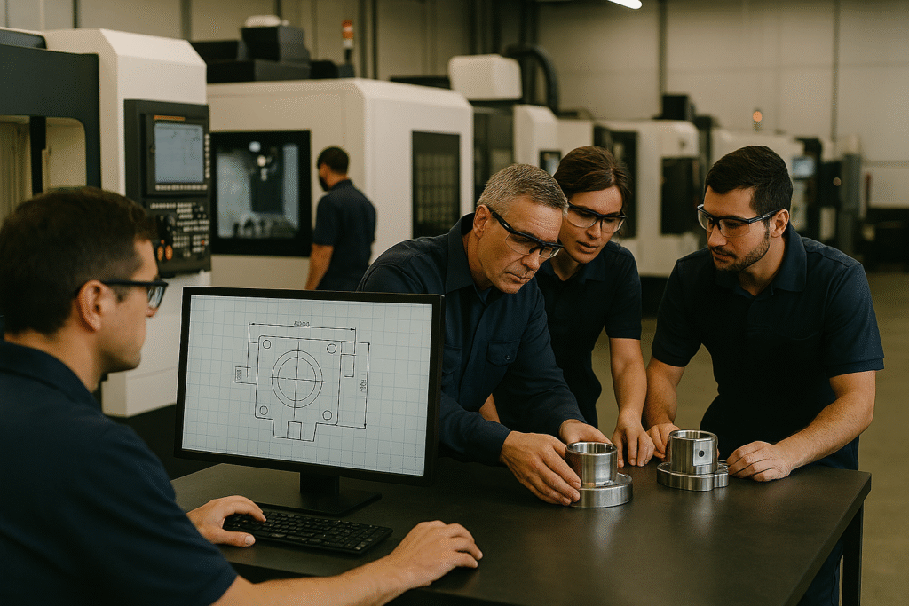 Engineers and machinists collaborating in a modern CNC machining facility with CAD design on screen and precision parts inspection on a workbench.