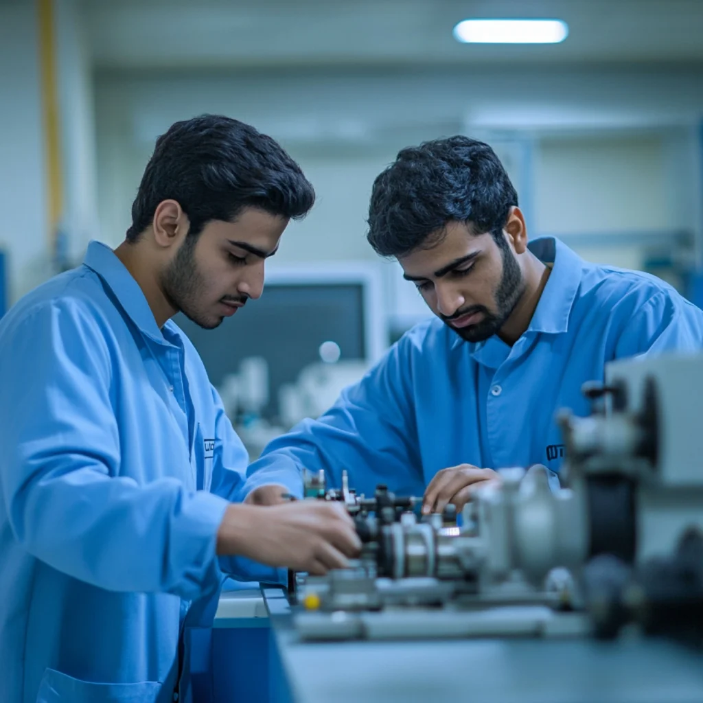Precision machining engineers inspecting CNC machined components.