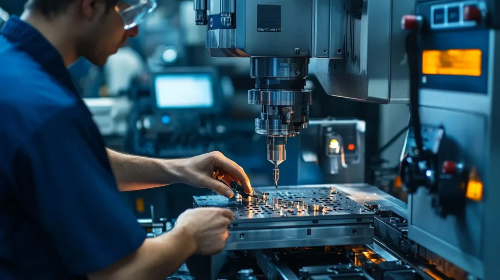 A worker operates a CNC machine, crafting intricate metal parts with high precision. The manufacturing floor is a hub of activity, with various machines humming in unison, producing components.