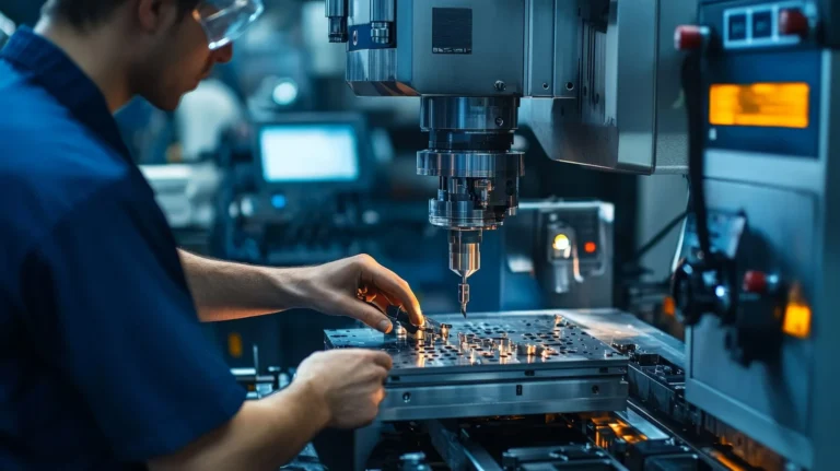 A worker operates a CNC machine, crafting intricate metal parts with high precision. The manufacturing floor is a hub of activity, with various machines humming in unison, producing components.